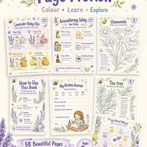 Puede incluir: Un libro de actividades infantil colorido con el t&iacute;tulo "Page Preview". El libro presenta ilustraciones de aceites esenciales, manzanilla y &aacute;rbol de t&eacute;. Incluye p&aacute;ginas para colorear, aprender y llevar un diario, con el texto "58 Beautiful Pages" y "Ages 5+".