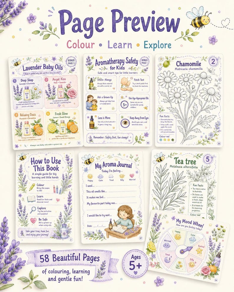 Puede incluir: Un libro de actividades infantil colorido con el t&iacute;tulo "Page Preview". El libro presenta ilustraciones de aceites esenciales, manzanilla y &aacute;rbol de t&eacute;. Incluye p&aacute;ginas para colorear, aprender y llevar un diario, con el texto "58 Beautiful Pages" y "Ages 5+".
