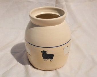 Black and White Sheep Blue Line Crock Vintage Stoneware Cottage Farmhouse Gingerbread Girl