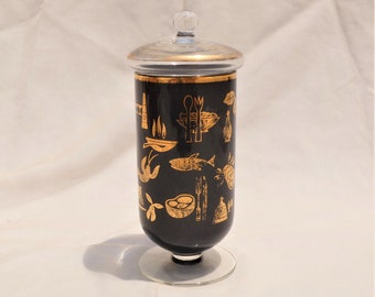 Tall Glass Apothecary Jar with Gold Pattern on Black MCM Mid-Century