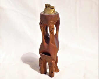 Handcarved Wood Wooden Folk Art Tiki Style Table Lighter - Possibly teak Vintage MCM Mid-Century Decor Creature Unique Strange Gift