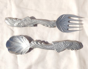 Pewter Fish Motif Salad Serving Utensils Servers Vintage Made in Mexico Fun Novelty Gift