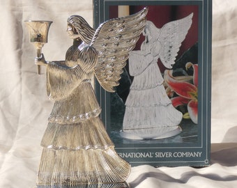 1994 International Silver Company Silver Plate Angel Taper Candle Holder Porte-bâtonnets de Noël pour les fêtes de fin d'année, Décoration religieuse chrétienne vintage dans une boîte