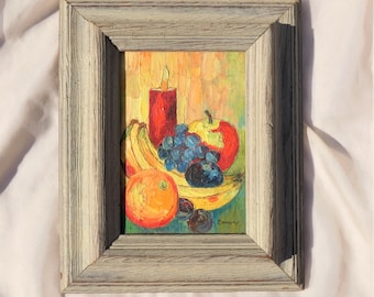 Oil Fauvisme Still Life Painting of Fruits with Candle Framed Canvas Signed Vintage Banana Orange Apple Grapes
