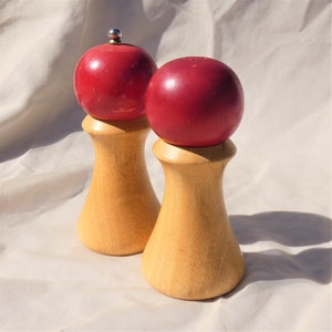 Wooden Salt Shaker and Pepper Grinder Mill with Red Ball Tops Vintage Chyn Tai image 1