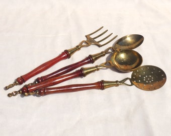 Set of Four Brass and Wood Kitchen Cooking Utensils Serving Hanging Vintage Fork Spoon Ladle Strainer Skimmer Cottage Farmhouse French