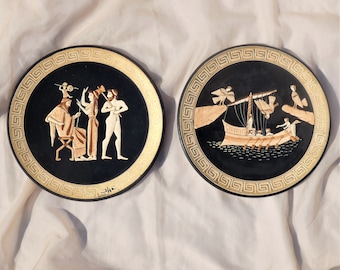 Greek Mythology Athena Odysseus Handmade Wood Plates Vintage Set of 2 MCM Mid-Century Ancient Art