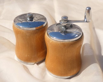 Wood and Metal Salt & Pepper Shaker and Grinder Set Woodpecker Woodware Japan Vintage
