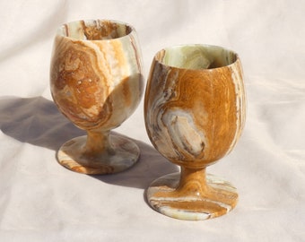 Small Cordial Stone Goblets Wine Cups Barware Banded Marble Onyx Pair Set of Two Vintage Handcrafted Green Brown