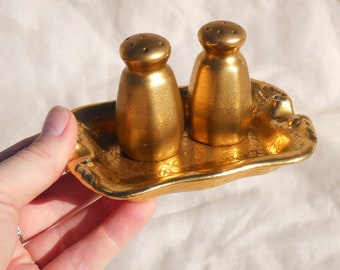 Gold Porcelain Pickard Salt and Pepper Shakers with Stouffer Fine China Ashtray Vintage Ceramic Fancy