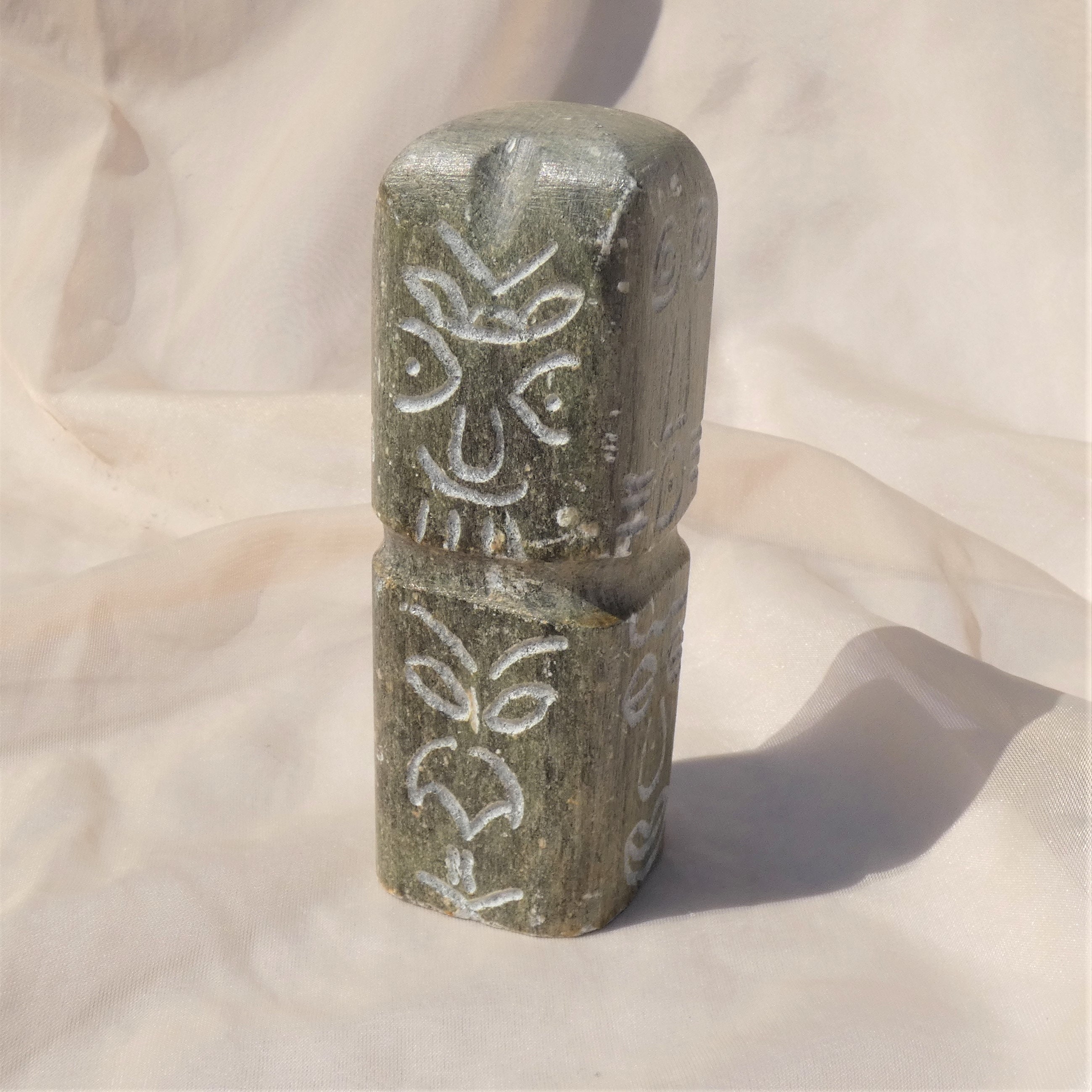 Small Rectangular Soapstone Sculpture With Faces Totem Carving Signed