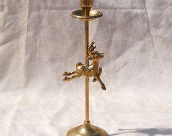 12.75" Brass Christmas Jumping Reindeer Stag Candle Stick Holder Taper Vintage Gold Decor Tall Metal Classic Holiday