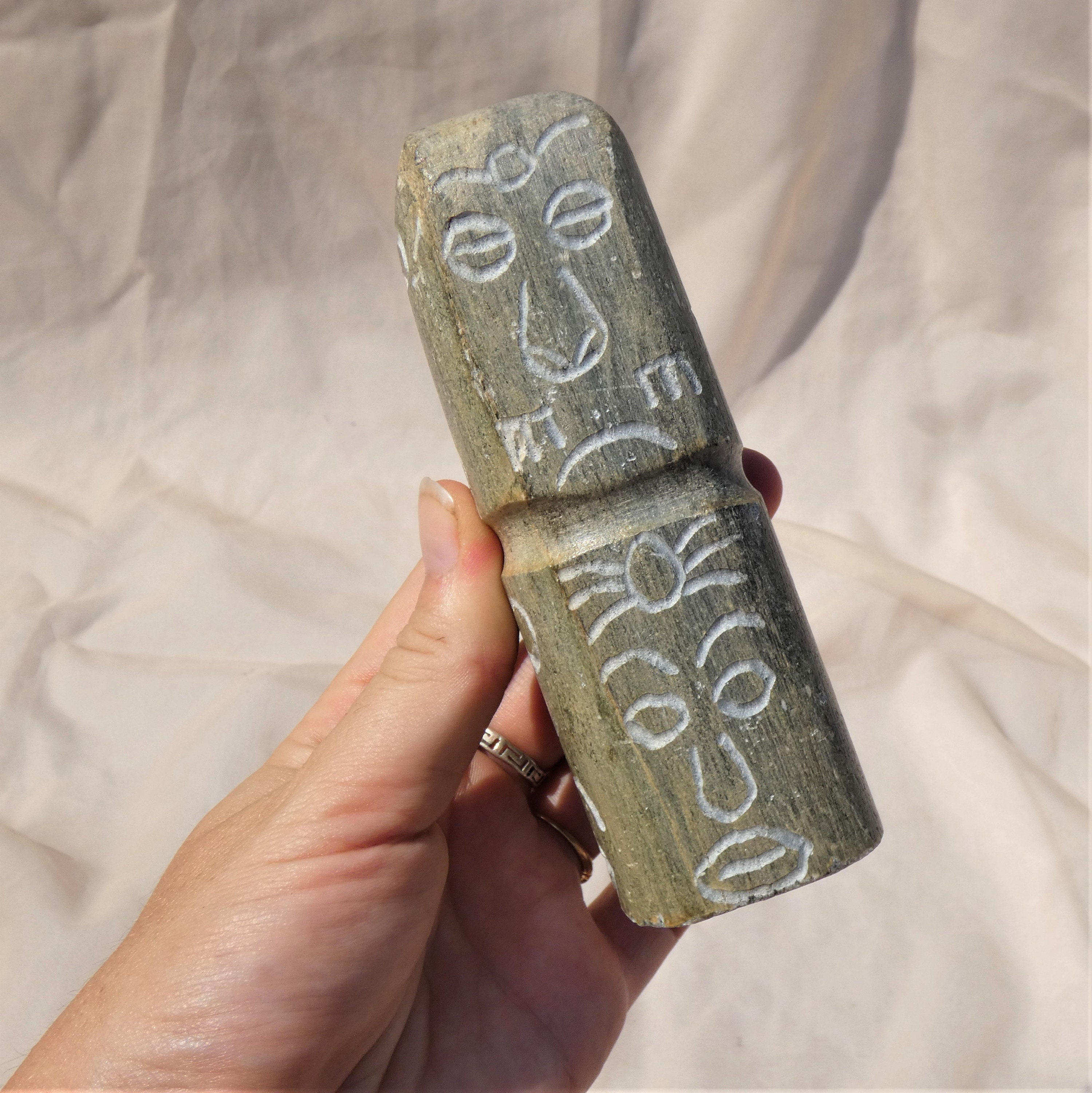 Small Rectangular Soapstone Sculpture With Faces Totem Carving Signed