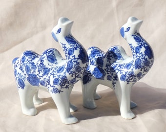 Blue & White Floral Camel Ceramic Bookends Bactrian Dromedary Animal Novelty Decor