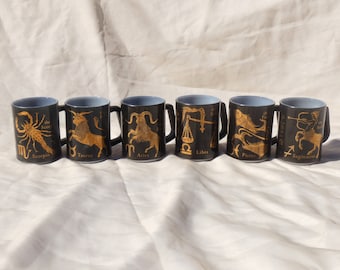 Federal Glass Zodiac Mugs Black and Gold Vintage Milk Glass Astrology Horoscope - Gemini Scorpio Taurus Pisces Sagittarius Aquarius