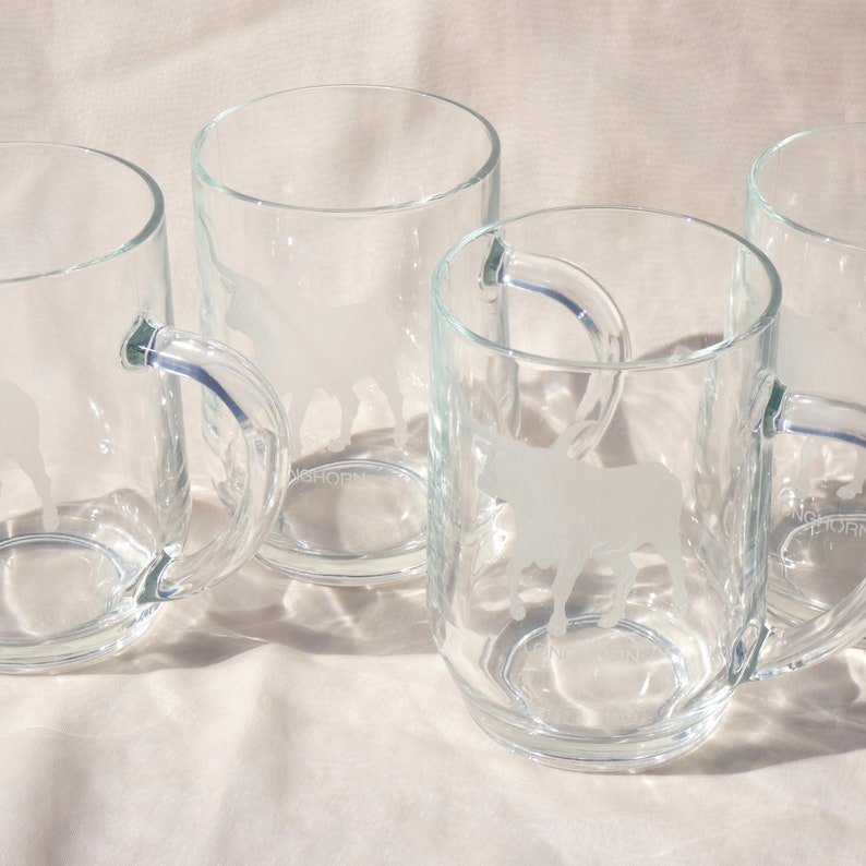 Luminarc France Longhorn Stein Glass Mugs Set of 4 Etched Frosted Vintage UT Austin Texas Cattle Americana Cowboy Ranch Farmhouse image 4