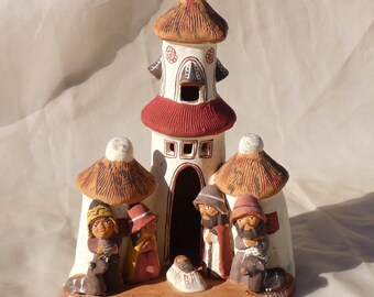 Handmade Ceramic Peruvian Christmas Nativity Scene Holiday Decor Peru Vintage 1970s MCM Signed Handcrafted Handpainted