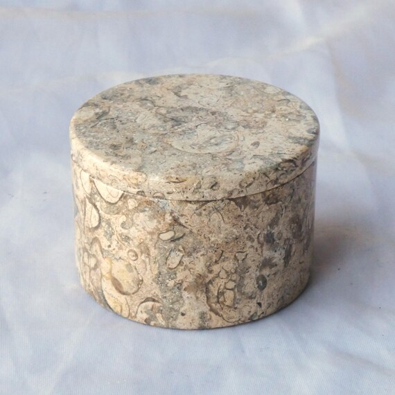 Round Marble Stone Box with Marine Fossils Vintage It… - Gem