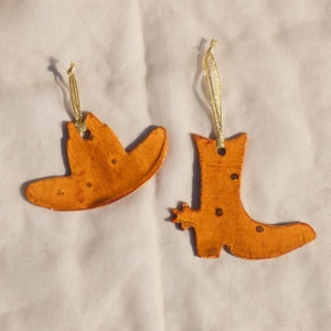 Handmade Ceramic Cowboy Hat and Boot Christmas Tree Ornaments Brown Glazed Southern Western Holiday image 8