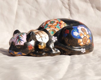 Floral Black Ceramic Sleeping Cat with Bell Vintage Hand Painted Bilwai Made in Macau China Figurine Sculpture Pottery
