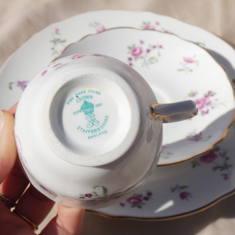 Pair of Vintage Crown Staffordshire Tea Table Settings with Cup, Saucer, and Plate Flowers Floral Gold Porcelain Ceramic England image 8