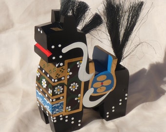 Japanese Yawata Uma Folk Toy Vintage Toy Made in Japan Hand painted Hachinohe, Aomori Prefecture Gift Handmade Black Wood