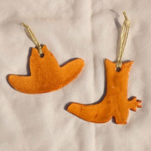 Handmade Ceramic Cowboy Hat and Boot Christmas Tree Ornaments Brown Glazed Southern Western Holiday image 1