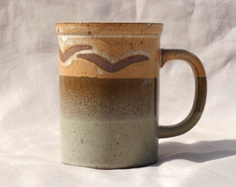 Three-Toned Ceramic Mug with Bird Motif Beige Blue Handmade Vintage Studio Pottery Cottage Farmhouse Coffee Tea