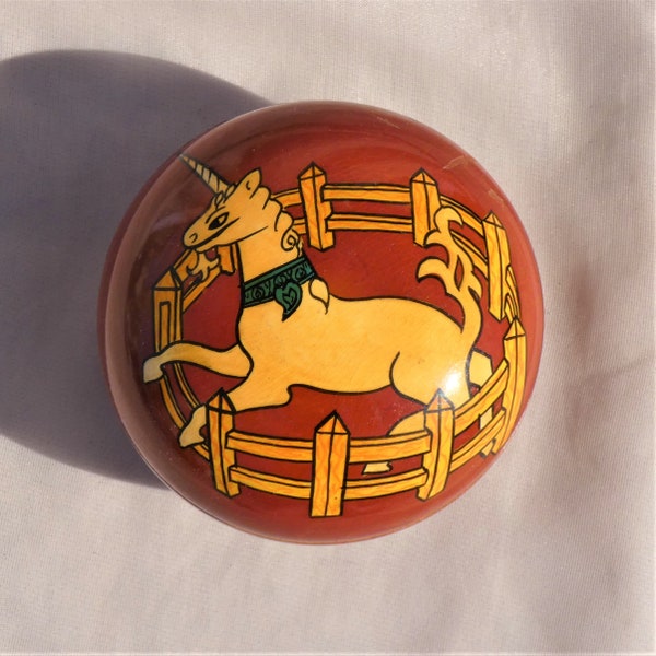 Round Lacquered Wood Trinket Box with Unicorn Handmade Hand Painted Vintage Mythology Creature Jewelry Folk Art