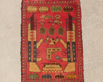 3 'x 2' Afghanistan Geknoteter Wollteppich Vintage Handmade Konflikt Militärkrieg Hergestellt in Khandahar Afghani Gebet Rot Gelb Klein