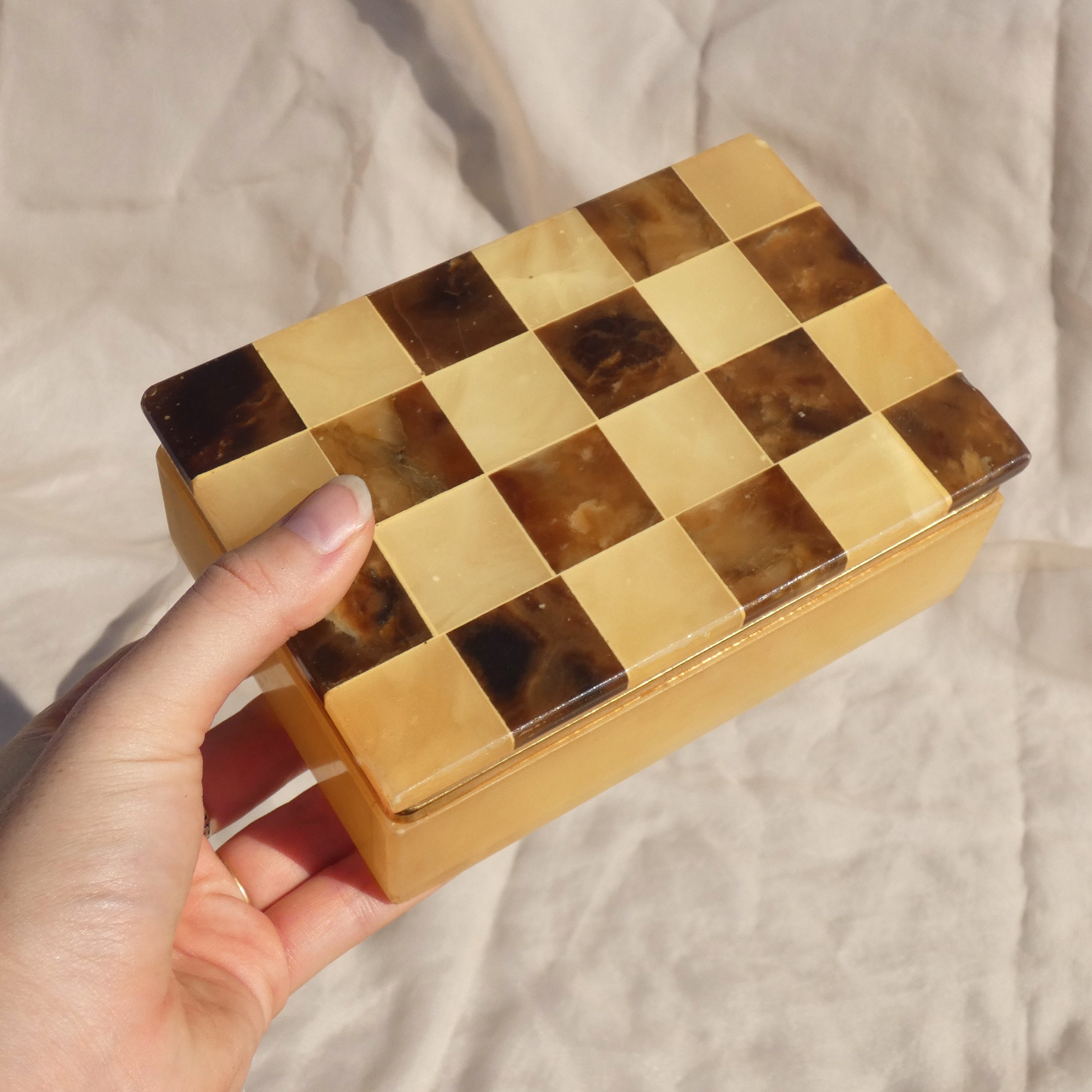 Checkered Italian Alabaster Stone Rectangular Box Vintage with Gold Metal Hinge Marble Yellow Brown Beige MCM Mid Century Modern R.252