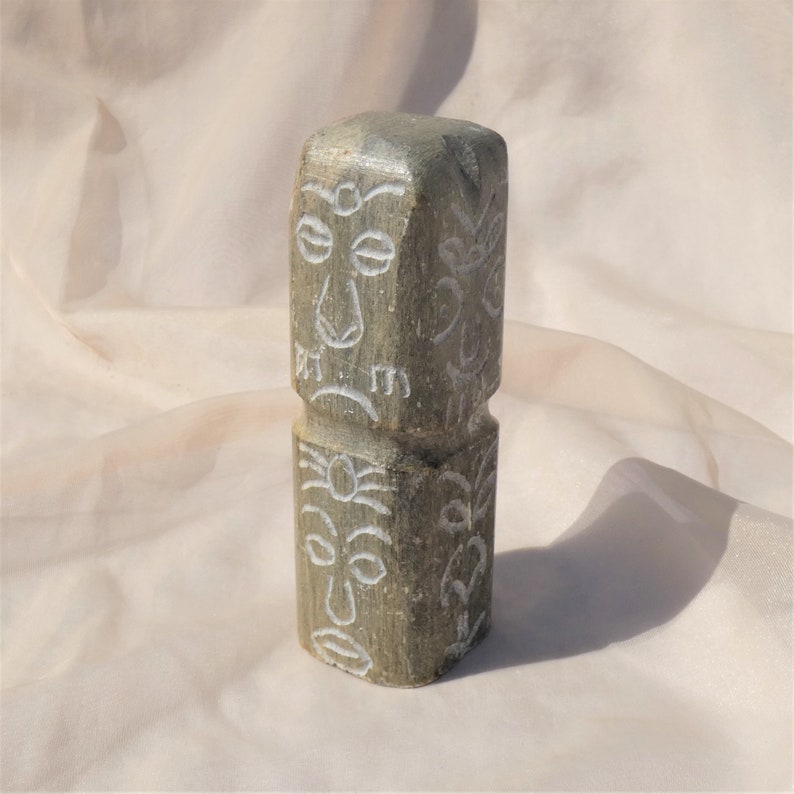 Small Rectangular Soapstone Sculpture With Faces Totem Carving Signed