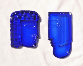 Pair of Cobalt Blue Glass Face Shaped Ashtrays Vintage Trinket Dish MCM Mid-Century Modern