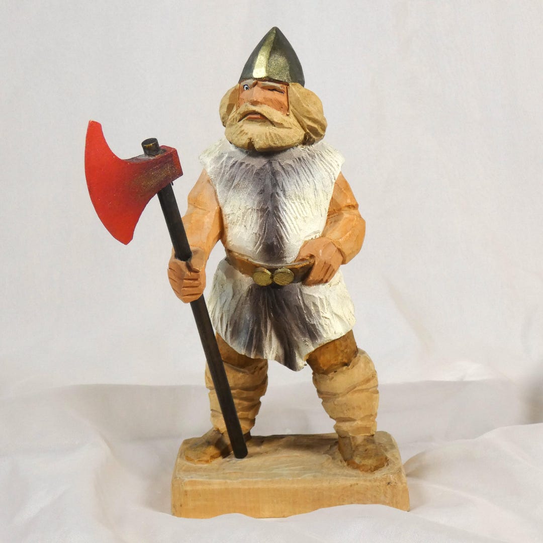 Henning Norway Carved Wood Viking Sculpture With Axe Vintage