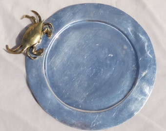 Brass Crab Serving Plate Vintage Silver Metal Round Aluminum  Mexico Charcuterie Cheese Board Plate Coastal Nautical Maritime Seafood