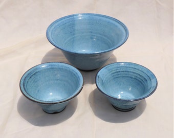 Blue Ceramic Serving Bowl Set of 3 Handmade Vintage