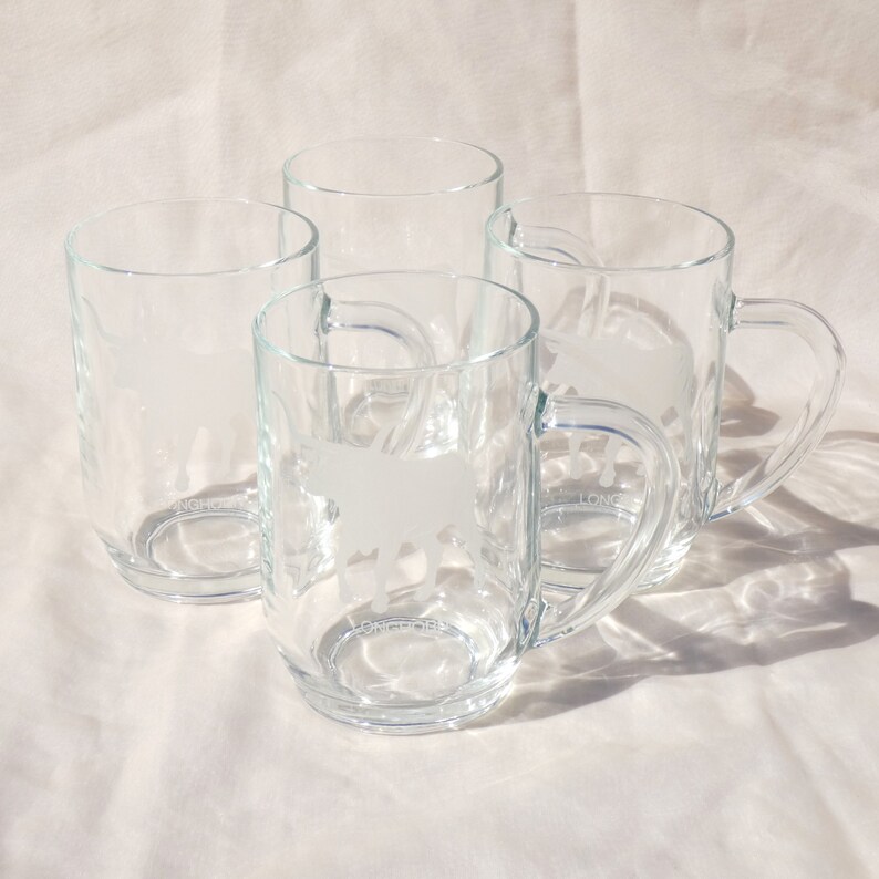 Luminarc France Longhorn Stein Glass Mugs Set of 4 Etched Frosted Vintage UT Austin Texas Cattle Americana Cowboy Ranch Farmhouse image 1