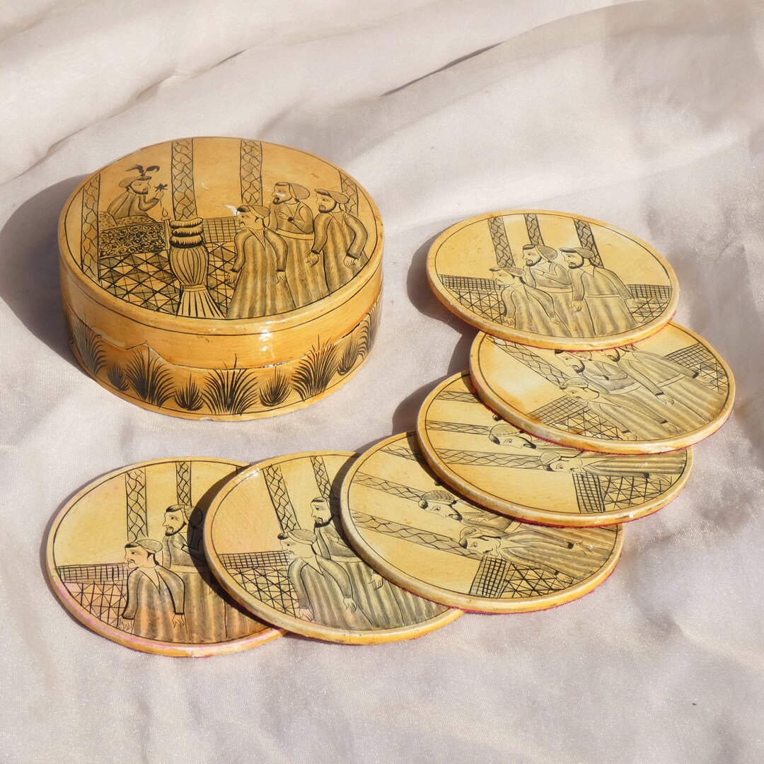 Boxed Set of 6 Lacquered Wood Hand Painted Coasters Vintage Handmade