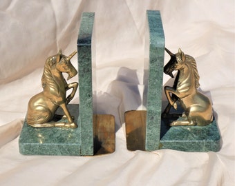 Pair of Green Marble and Brass Unicorn Bookends Vintage MCM Mid-Century
