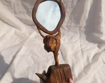 Wooden Small Scrying Mirror Handmade Burl Wood Tabletop Signed Organic Folk Art Halloween Spooky Decor Vintage