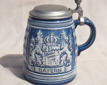 Blue Bayern German Pewter Lidded Stein Vintage West Germany Kitchen Large Beer Mug Glass Ceramic Decor