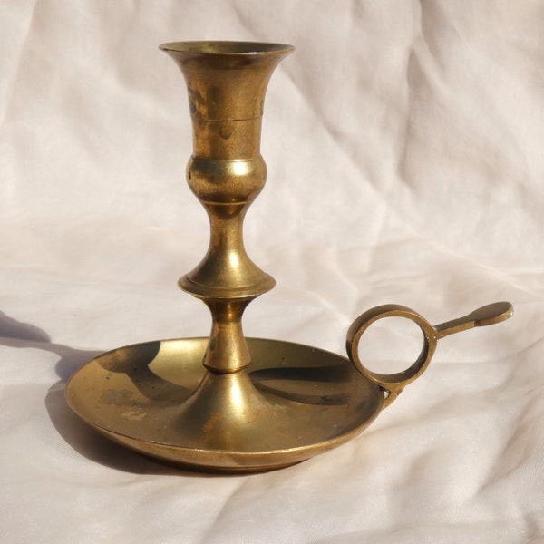 Brass Candle Stick Holder Vintage Chamber Stick with Handle and Base Gold Patina Taper Finger