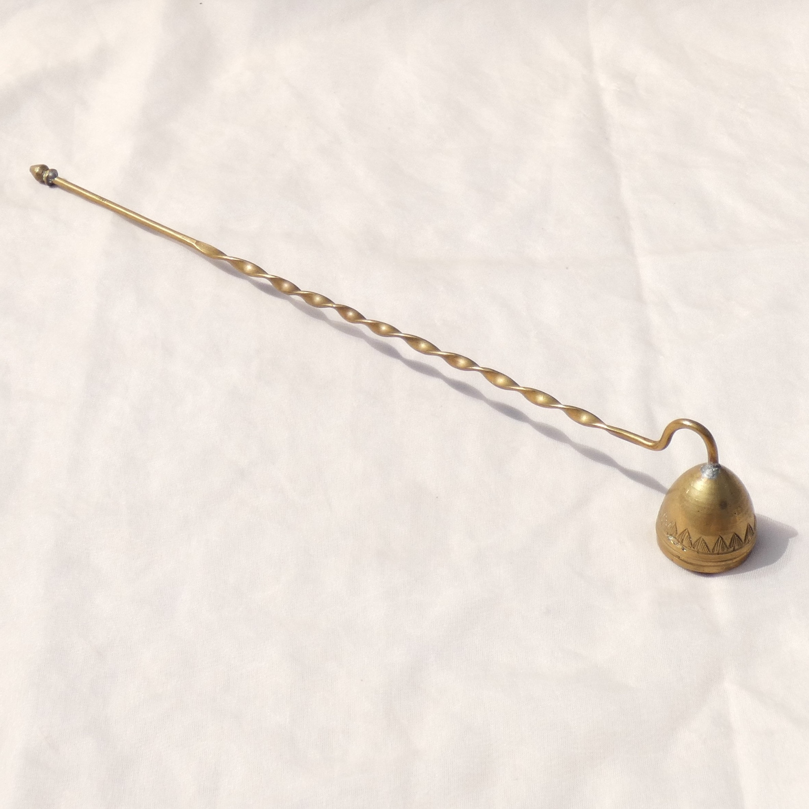 Brass Candle Flame Snuffer with Handle Vintage Handmade Metal Altar Holiday Decor Metal Gold Etched Twisted Stem