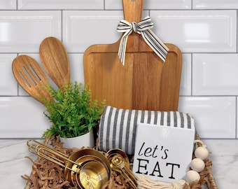 Housewarming Gift Basket Kitchen Items Coasters Wooden Spoons Salt and Pepper Shaker Cheese Board Cutting Board