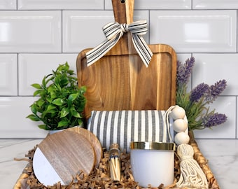 Housewarming Gift Basket Kitchen Items Cutting Board Candle Coasters