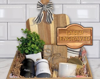 Laser Engraved Cutting Board with Coasters Gift Basket