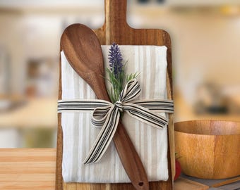 Wooden Cutting Board Gift Set with Spoon and Tea Towel