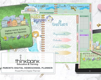 Planificador digital para la educación en el hogar, planificador digital para el aprendizaje en el hogar, plantilla para la educación en el hogar, bonito planificador para la educación en el hogar, versiones para el Reino Unido y los Estados Unidos
