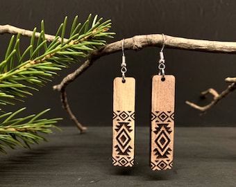 Wooden Aztec Earrings, Tribal Earrings, Dangle Earrings, Laser Cut Earrings, Rectangular Earrings, Wooden Earrings, Aztec Earrings