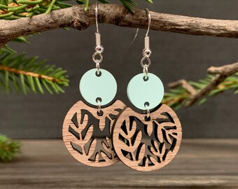 Customizable Wooden Fern Earrings, Acrylic Floral Earrings, Laser Cut Dangle Jewelry